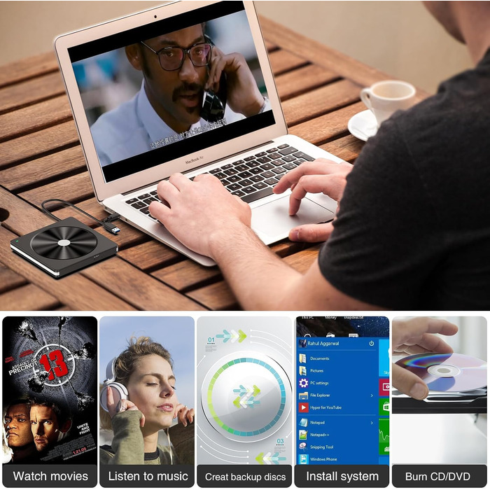 Зовнішній DVD/CD привід USB 3.0 та USB-C, DVD-записувач для ноутбука, ПК, Mac OS, Windows, Linux (Білий)