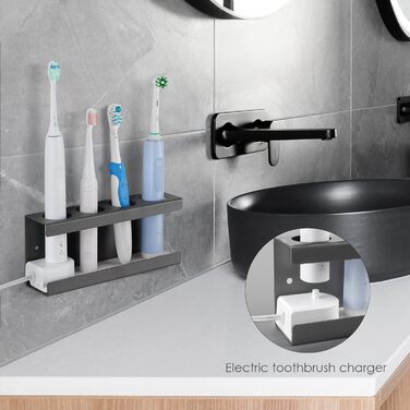Настінний електричний тримач для зубних щіток на 4 слоти з мискою з діатоміту, підходить для AquaSonic, Kingheroes, Oral-B (Чорний)