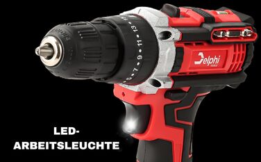 Акумуляторний шуруповерт DELPHI 20V: комплект з 2 акумуляторами, 50Nm, 2 швидкості, 25 ступенів моменту, LED-ліхтар, 34 аксесуари в кейсі для DIY-проєктів