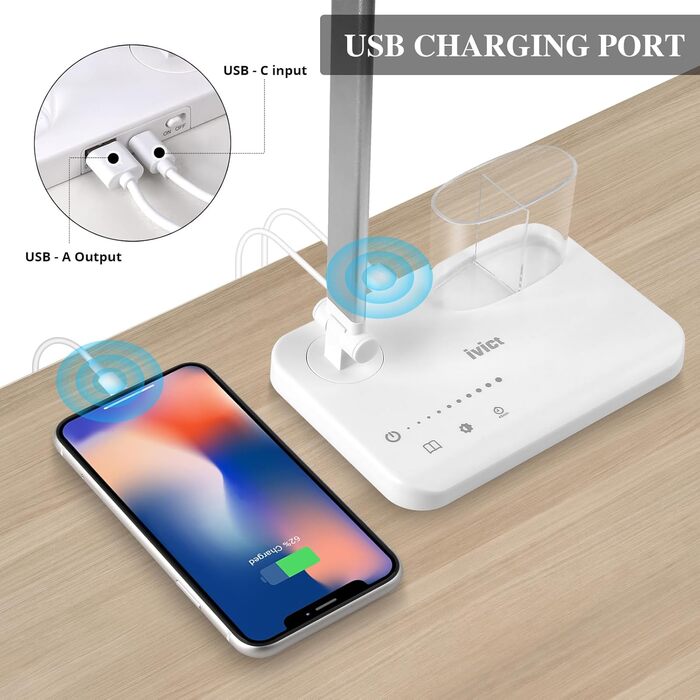 iVict LED лампа для столу з двома шарнірними руками, сенсорне керування, 5 режимів, таймер, USB-порт, пам'ять, для дітей, біла