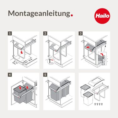 Відро для сміття Hailo Tandem 3650103 | Вбудований контейнер для сміття 2 секції з 50 мішками | для шаф шириною від 300 мм | Зручний висувний механізм на роликах | Сріблястий та антрацитовий пластик