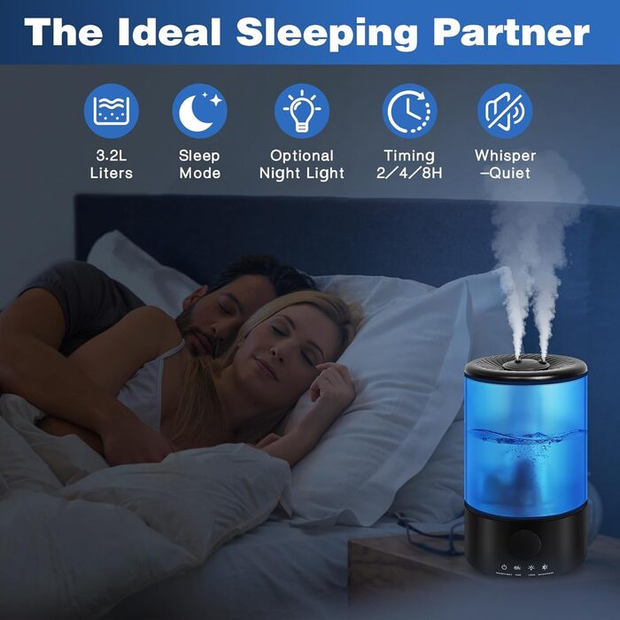 Зволожувач повітря для спальні Top-Fill, 3.2L, 360° Cool Mist, для дитячої кімнати та рослин, ультра-тихий, автоматичне відключення (блакитний)