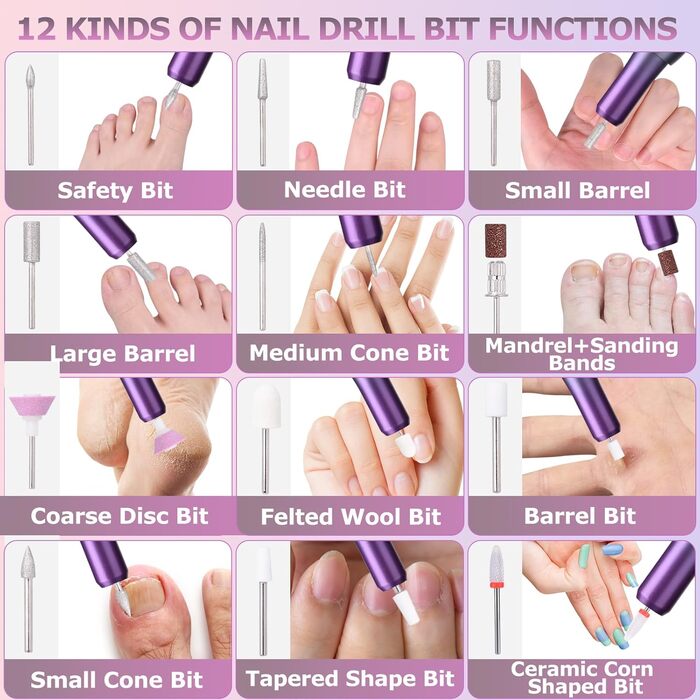 Електричний нагрівач для гелевих нігтів (манікюр/педикюр) з LCD-дисплеєм, 30000 об/хв, 3 швидкості, USB, сірий/фіолетовий