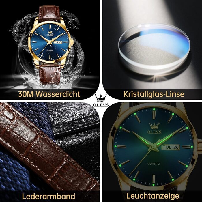 Чоловічий годинник OLEVS з нержавіючої сталі, кварцовий аналоговий годинник, класичний діловий годинник, водостійкий, з підсвічуванням, з датою, на шкіряному ремінці (C2-блакитний циферблат/коричневий ремінь)