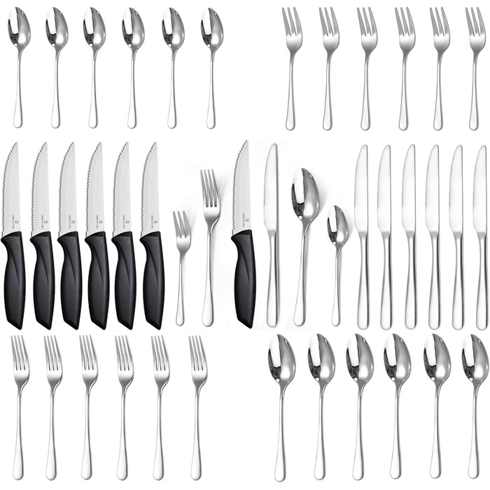 Набір столових приборів на 6 осіб, Targzier, 36 предметів, нержавіюча сталь, з ножем для стейку, для сім'ї/вечірки/готелю, чорний, придатний для миття в посудомийній машині