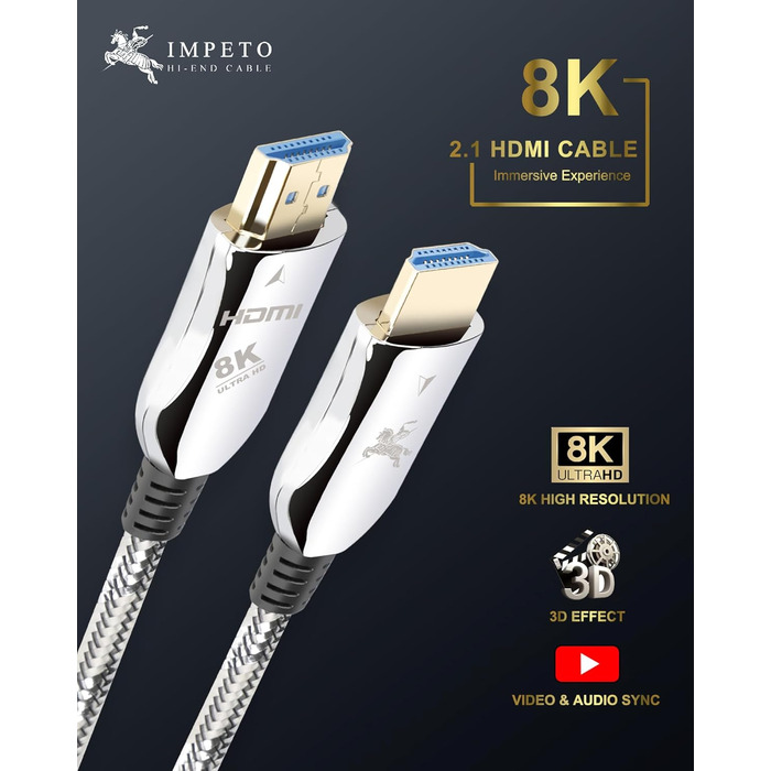 HDMI кабель Impeto Audiophile 8K 2.1 Glasfaser, 48Gbps, 1м, підтримка 8K 60Hz, 4K 120Hz, Dynamic HDR, 3D, сумісний з PS5, ноутбуками, TV, Blue ray