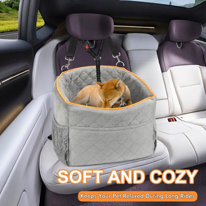 Memory Foam Dog Car Seat for Small Dogs (Under 11kg) - Elevated Design with Storage Pockets (Gray)