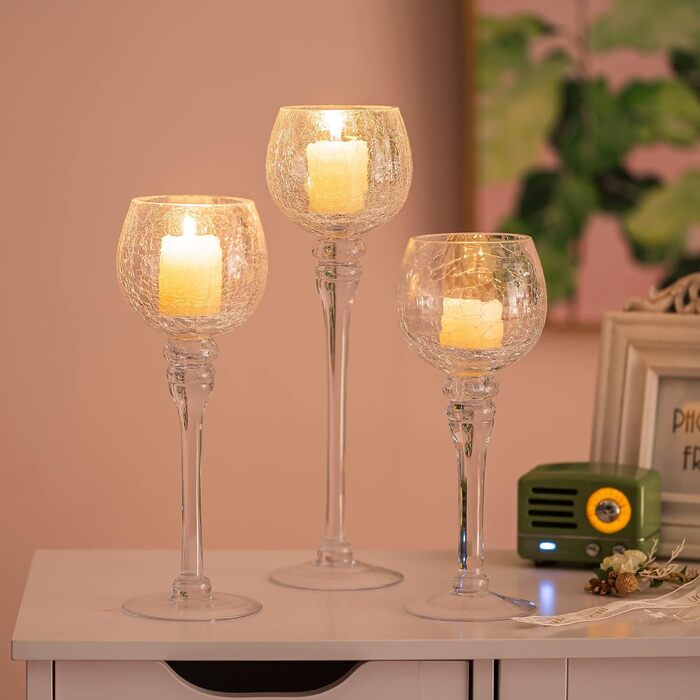 Romadedi Tealight Candle Holders Candle Holders Glass - Lantern Candle Holders Decoration Queck 3-Piece Set 23.5/25.5/31.5 cm for Tealights, Votive Candles, Pillar Candles, Living Room Table Decoration, Wedding (Transparent)