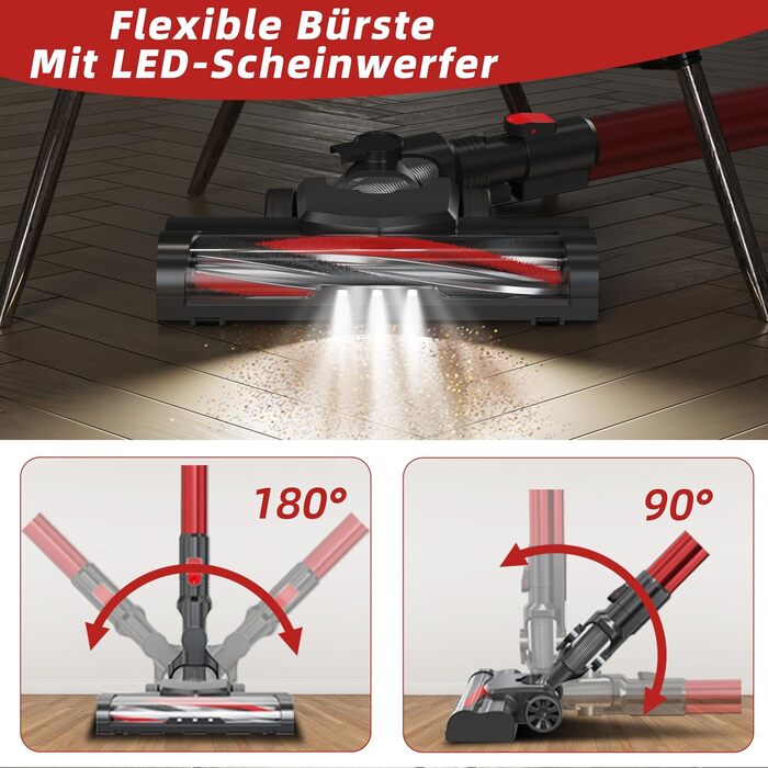 Yikko 3-в-1, пилосос 60KPa з потужним кабелем, електрична підміталка з гнучким шлангом, пилосос з LED-підсвічуванням, ідеально підходить для килимів/підлоги/волосся (Червоний-60)