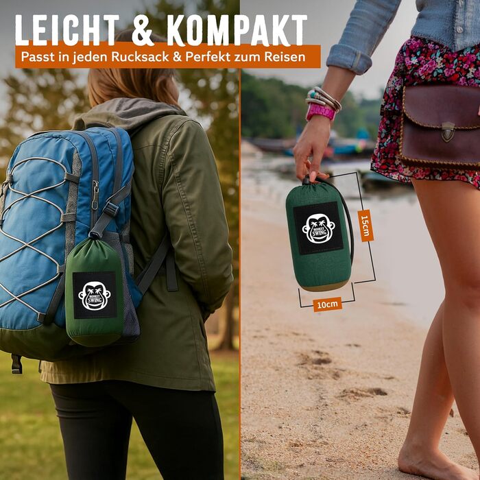 Гамак Ultraleicht: легкий, міцний, для кемпінгу та подорожей (зелений/хакі) – до 300 кг, 275 x 140 см