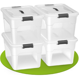 Juskys Storage Box with Lid - Set of 4 Plastic Boxes 45L - Large Box, Stackable, Transparent - Storage Organization System Storage Boxes (Set of 4 - 30 Liters)