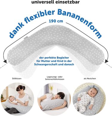 Theraline Original Nursing Pillow & Pregnancy Pillow - 190cm including 100% cotton cover - Filling with quiet micro beads - Positioning pillow, tested for harmful substances - Leaves Grey White