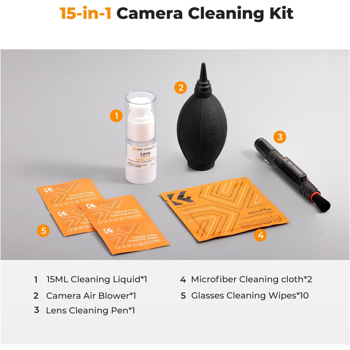 Набір для чищення об'єктивів K&F CONCEPT 15-в-1: Lenspen, тканина мікрофібри, рідина для чищення