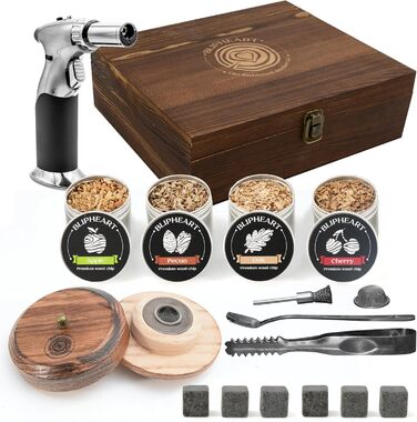 Набір для копчення коктейлів з факелом та 4 смаками дерев'яної стружки, Bourbon - Набір для копчення віскі, коктейлів Old Fashioned, подарунок для чоловіка, друга, чоловіка та тата (без бутану)