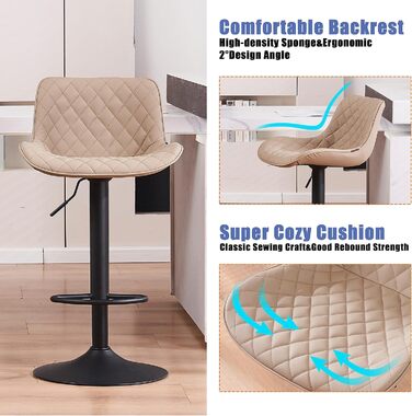 YOUNIKE Adjustable Bar Stools 2-Pack - Modern Kitchen Barstools with PU Leather Upholstery, Swivel Metal Bar Chairs for Counter/Island - Khaki Net Khaki