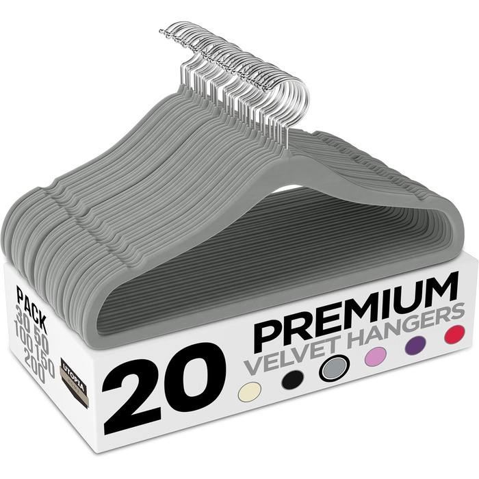 Плечики для одягу Utopia Home з оксамиту - антиковзкі, міцні, для курток та светрів (сірий, 20 шт.)