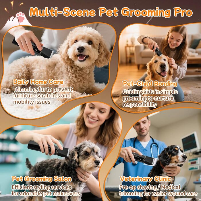 Набір для стрижки собак 4 в 1 Ninonly: тиха, акумуляторна машинка для собак та котів з 4 насадками для тіла, лап, очей та вух. Тример для лап. Чорний колір.