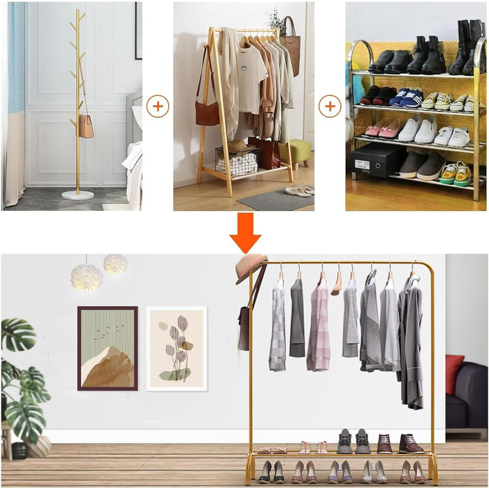 Підставка для одягу на підлозі, металева з полицею для взуття та нижньою полицею, золота, для спальні