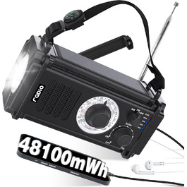 Радіо на сонячній енергії та з ручним крученням 13000mAh, AM/FM/SW, USB-зарядка, ліхтарик 800LM, компас, SOS-сигнал, чорний