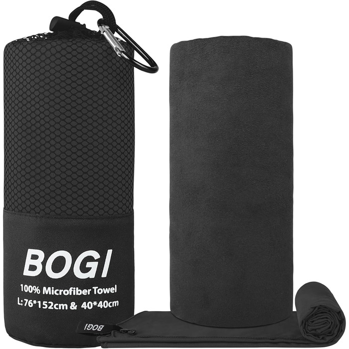 Рушник з мікрофібри BOGI, швидковисихаючий, м'який, легкий, для фітнесу, супер вбираючий, ультракомпактний (Чорний, 76x152cm + 40x40cm)