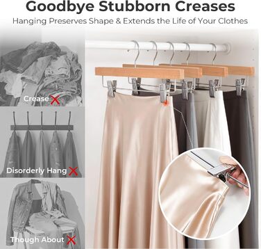 Дерев'яні вішалки для штанів та одягу HOUSE DAY з кліпсами, 25 шт. Вішалки для спідниць, дерев'яні білі вішалки для одягу, компактні вішалки для штанів з обертовим гачком 360°, ширина 35,5 см (натуральне дерево)