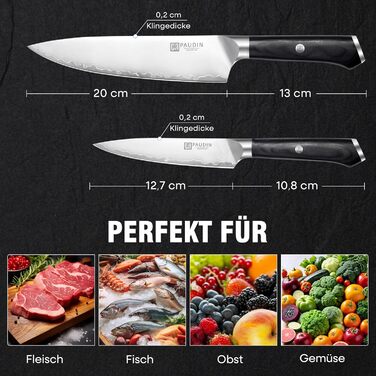 Набір кухонних ножів PAUDIN: кухонний ніж, сантоку, універсальний, овочевий - професійні, гострі, з нержавіючої сталі 10Cr15CoMoV (62 HRC), з ергономічною дерев'яною ручкою (2 ножі)