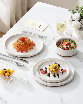 MALACASA Набір посуду з каменю 6 осіб, 18 предметів: тарілки, миски, супи, кераміка, білий з коричневим, посуд для сервірування столу