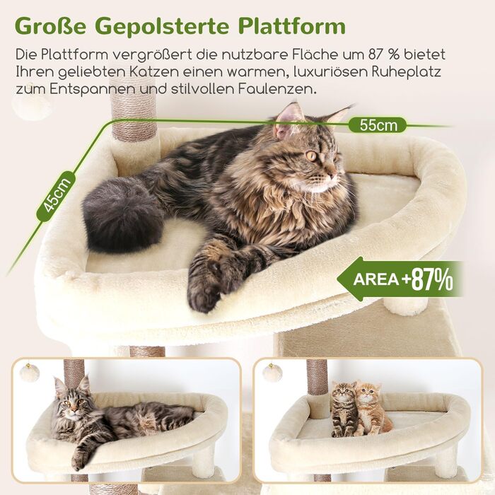 Драбина для котів Globlazer XXL (213 см) з будиночком, платформою та корзиною. Стабільна котяча драбина для великих котів, Мейн-кунів. Бежевий колір.