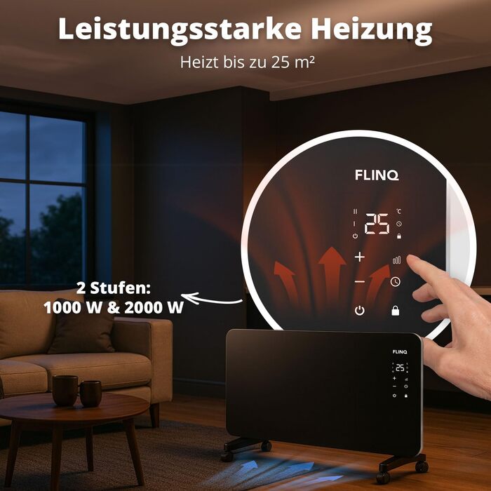 Розумний конвектор FlinQ Smart 2000W, електричний обігрівач (96 x 46 x 13 см), чорний