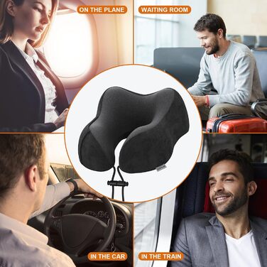 Подушка для шиї у подорожах: автомобільна, для літака, з memory foam та м'яким чохлом. Підходить для дорослих, офісу, дому та кемпінгу (Чорний)