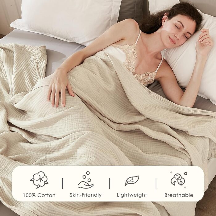 Плед EMME з 100% мусліну, 230 x 230 см: м'який, дихаючий, для дивану, бежевий | EMME