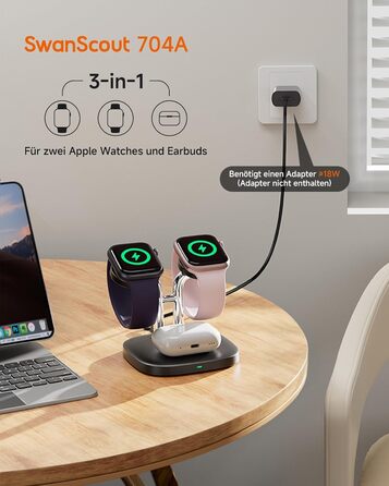 Зарядний пристрій SwanScout для Apple Watch 10/Ultra/9/8/7/6 та AirPods Pro (704A, 3.3W, чорний)