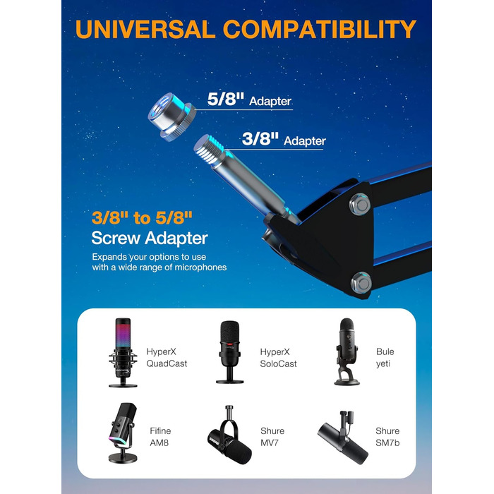 SUNMON Тримач для мікрофону HyperX QuadCast та інші - універсальний кріплення для мікрофону з регулюванням, 3/8' - 5/8' адаптер, чорний