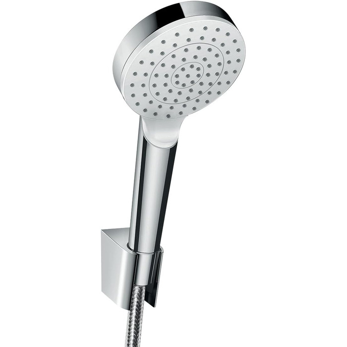 hansgrohe Crometta Shower Head Holder Set, with shower hose, 1.60 m, 2 spray patterns, water-saving, White/Chrome (Set including a 1.25m shower hose, 1 spray pattern with water-saving function)
