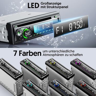 1DIN автомобільна магнітола 9-24V з CD/DVD, Bluetooth, RDS, FM/AM, MP3, 2 USB, SD, AUX, керування з керма, 7 кольорів, зелена