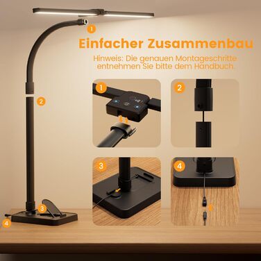 APMIEK LED Настільна лампа для офісу та дому, 24W, 76 см, з регульованим кутом нахилу, 3200K-6500K, захист для очей, чорна з підставкою