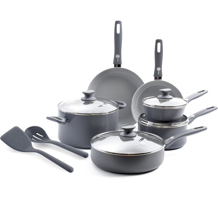 Набір кухонного посуду GreenPan Dover Ceramic Antihaft, 12 предметів, без PFAS, придатний для миття в посудомийній машині, комфортні ручки, кремово-білий