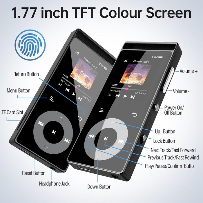 MP3-плеєр з Bluetooth 5.3 та HiFi-звуком, 90 ГБ, сенсорні кнопки, кольоровий дисплей, металевий корпус, FM-радіо, підтримка e-books, розширювальна пам'ять до 128 ГБ, чорний