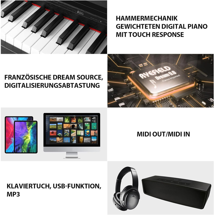 Електронне піаніно MUSTAR 88 клавіш з табуретом, цифрове піаніно, чорне. USB/MIDI, LCD, для початківців