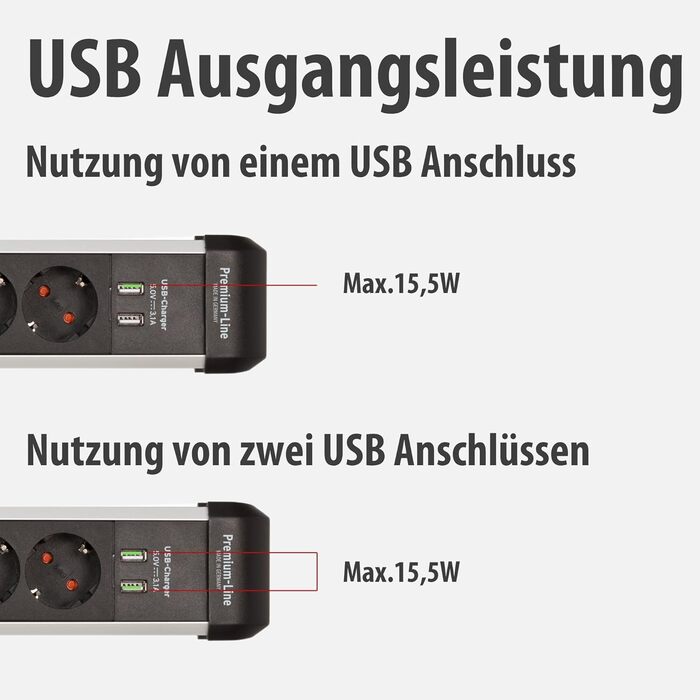 Бренненштуль Premium-Protect-Line Мережевий фільтр 6 виходів з USB та захистом від перенапруги (розподільник з вимикачем, 3м кабель, 2 USB 3.1A, Made in Germany) Сріблястий/чорний