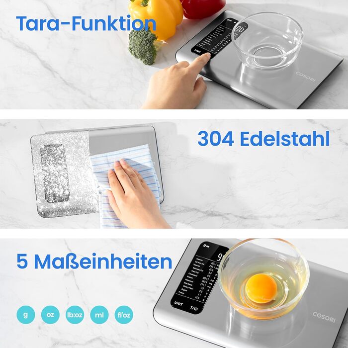 Cosori Digital Kitchen Scale with Nutrition Tracking - 5kg Stainless Steel Food Scale for Weight Loss - Tracks 19 Nutrients & Calories