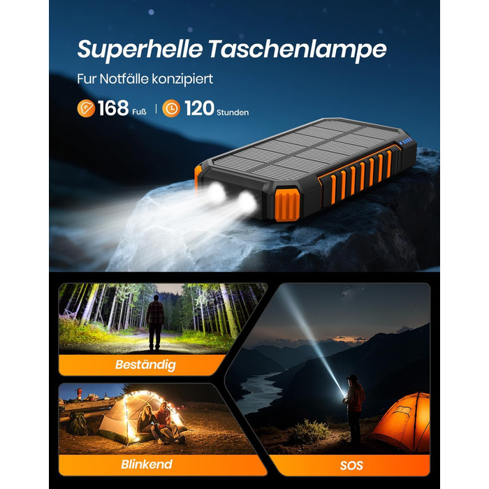 Портативний зарядний пристрій ADDTOP Solar – 26800mAh з сонячною панеллю, USB-C, 3.0A, 4 виходи для смартфонів та планшетів, ліхтар для кемпінгу та відпочинку на природі (Orange)