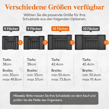 Органайзер для столових приборів Lifewit в шухляду, регульований, чорний (33-57 см x 38 см x 5 см)