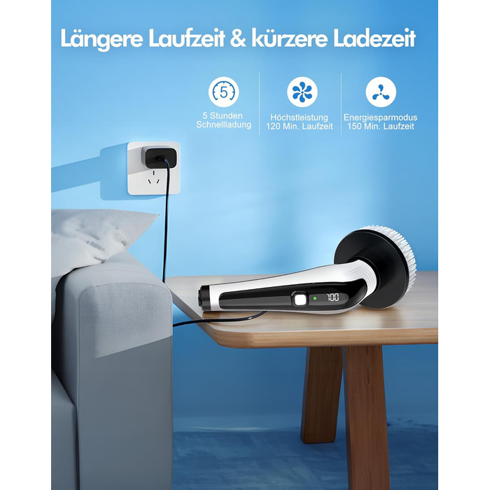 Електрична щітка для чищення з 9 насадок, щітка для швів, водонепроникна IPX8, електричний спін-скреббер з регульованою ручкою, 2 швидкості, для ванної кімнати, кухні, авто, біла+чорна