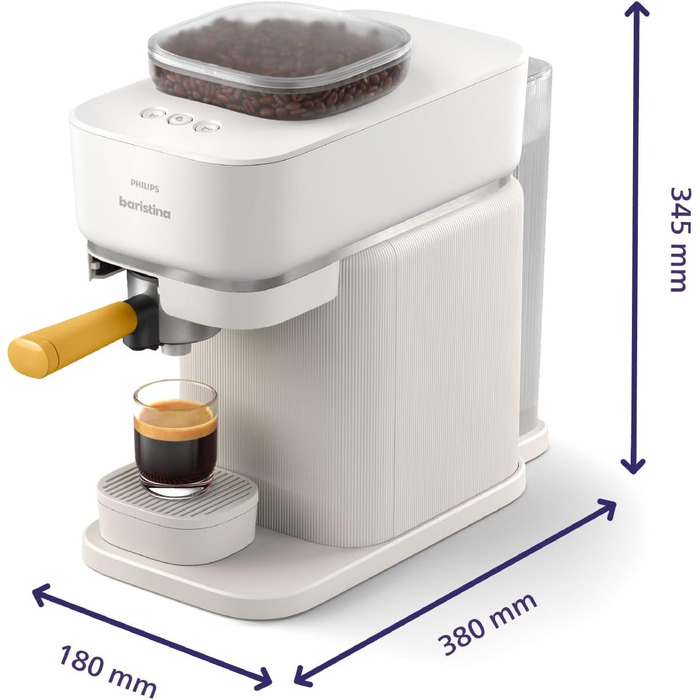 Philips Baristina Espresso Machine - Real Espresso, made simple. Compact coffee machine, Natural White with mango yellow portafilter, 16-bar pump pressure, automatic grinder, Cafe Crema (BAR300/03)