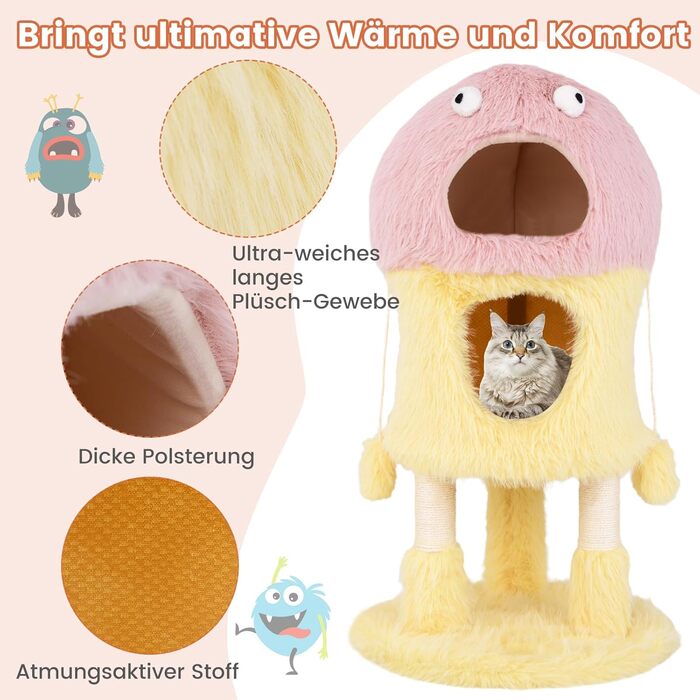 Дерев'яний кігтеточки для котів Costway з будиночками, 93 см, рожево-жовтий, з м'ячем