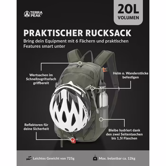 20L Flex 20 Premium Wanderrucksack (small) with back ventilation, hydration system & rain cover - Trekking backpack made of breathable 3D Air Mesh Polyester - Outdoor daypack with hip belt (Olive Green)