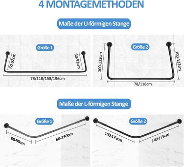 Регульована душова штанга U-подібної/L-подібної форми, 60-92 x 78-196 x 60-92 см, з 12 кільцями для шторки та підпоркою для стелі, чорна. Підходить для ванни/ванної кімнати. Потрібне свердловий монтаж.
