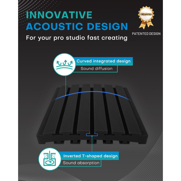 Акустичний поролон для звукоізоляції, панелі шумопоглинаючі 30x30x5 см, 24 шт, для студії звукозапису, чорний та сірий (Upgraded Curved)