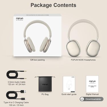 Навушники бездротові Bluetooth 6.0 NC95 з активним шумозаглушенням, поворотним регулятором, 120+ годин роботи, EQ налаштування через додаток, для подорожей та спорту (Зоряне світло)